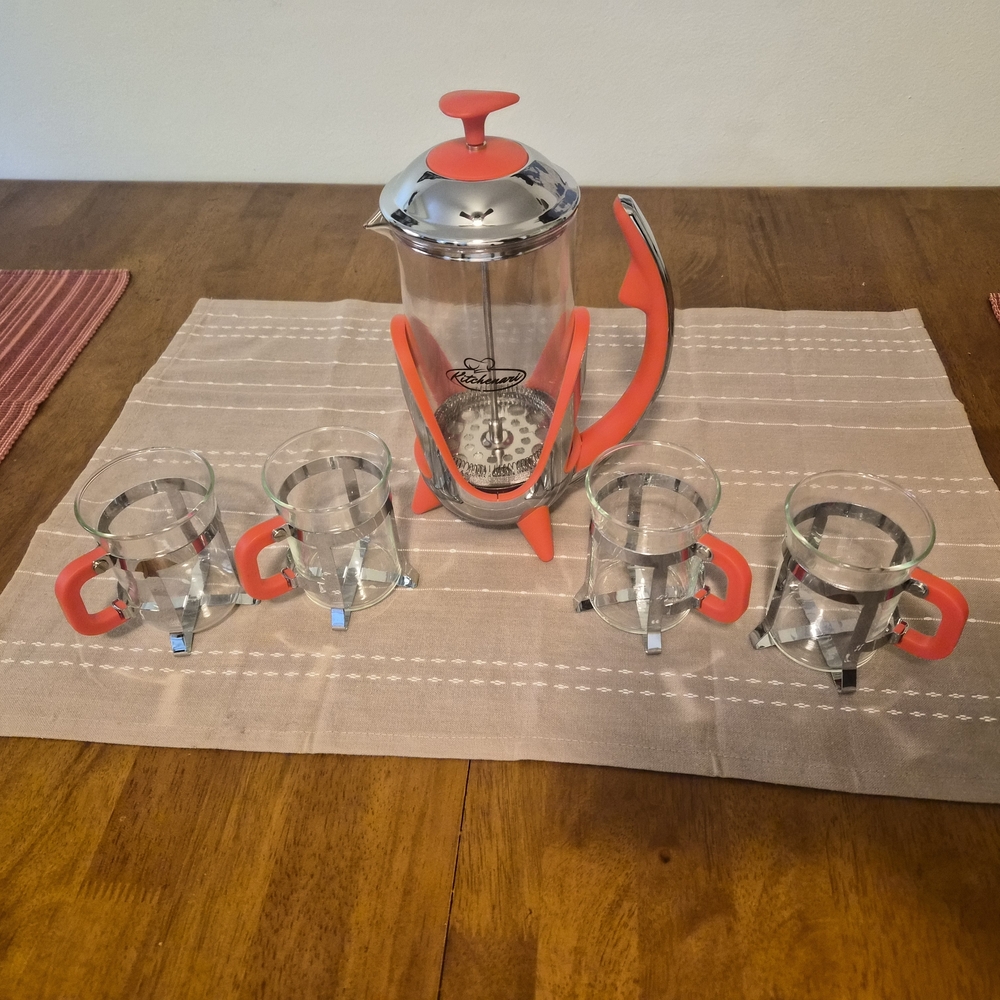 Glass French Press Coffee Maker Set with Red Accents New Without Tags Never Used